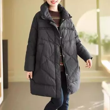 2024 Осень и зима Новый белый утиный пух однотонный цвет грибковая кромка декоративный воротник стойка средняя и длинная свободная утолщенная женская куртка M чёрный
