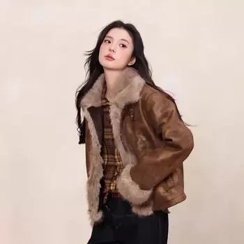 2024 осень и зима новый дизайн чувство американский ретро женский мех интегрированный замша сращивание мода короткая локомотив одежда S коричневый