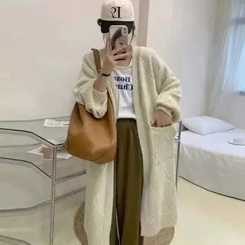 2024 осень и зима новый длинный женский свитер ретро корейский ленивый стиль дизайн кардиган вязаная куртка универсальный One size абрикосовый