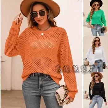 2024 Осень и зима Новый европейский и американский однотонный женский вязаный свитер с ажурным пуловером с круглым вырезом S зелёный