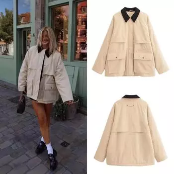 2024 осень и зима новый европейский и американский стиль вельветовый воротник свободная одежда цвета хаки с хлопковой подкладкой женская куртка с хлопковой подкладкой XS абрикосовый