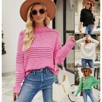 2024 Осень и зима Новый европейский и американский женский пуловер полосатый вязаный свитер модный свитер S зелёный