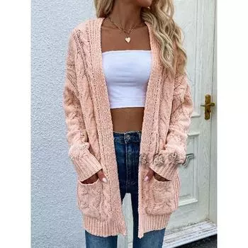 2024 Осень и зима Новый европейский и американский женский свитер свободный однотонный средней длины витой веревкой вязаный кардиган куртка S розовый