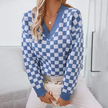 2024 Осень и зима Новый европейский и американский вязаный свитер с V-образным вырезом Свободный пуловер клетчатый цветной свитер для женщин S хаки
