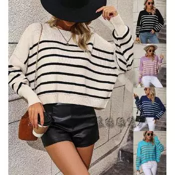 2024 Осень и зима Новый европейский и американский женский вязаный свитер с круглым вырезом Свободный пуловер Полосатый свитер S фиолетовый