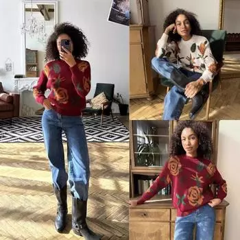 2024 осень и зима новый европейский и американский стиль свитер с круглым вырезом цветочный плетеный свободный мягкий трикотажный топ женская одежда M слоновая кость