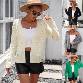 2024 Осень и зима Новый европейский и американский однотонный женский вязаный трехмерный узор кардиган куртка свитер для женщин S зелёный