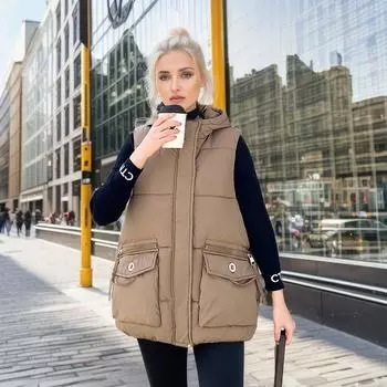2024 осень и зима новый европейский станд большой карман свободный пуховый хлопковый жилет женский нишевый большой размер хлопковый жилет модное пальто M белый
