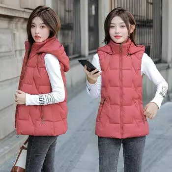 2024 осень и зима новый хлопковый жилет женский короткий корейский вариант тонкий и тонкий жилет верхняя одежда съемная шапка жилет куртка XL бордовый