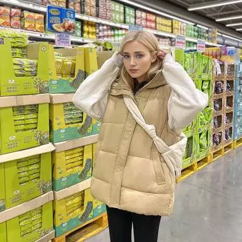 2024 осень и зима новый хлопковый жилет женский студенческий корейский вариант свободный жилет верхняя одежда жилет с капюшоном жилет куртка M белый