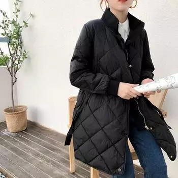 2024 осень и зима новый корейский пуховик женский средний и длинный ромбовидный воротник-стойка и тонкий пояс корейской версии куртка прилив S белый