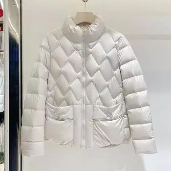 2024 осень и зима новый легкий белый утиный пух короткий воротник стойка модный короткий пуховик женский теплое зимнее пальто M чёрный