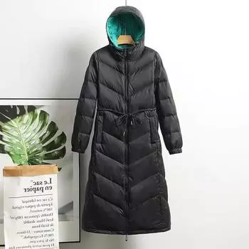 2024 осень и зима новый легкий и тонкий пуховик женский с капюшоном средней и высокой талии белый утиный пух большой размер тренчкот M чёрный