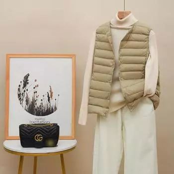 2024 осень и зима новый легкий и тонкий жилет пуховик женский круглый вырез 90 белый утиный пух тонкий жилет куртка женская подкладка M белый