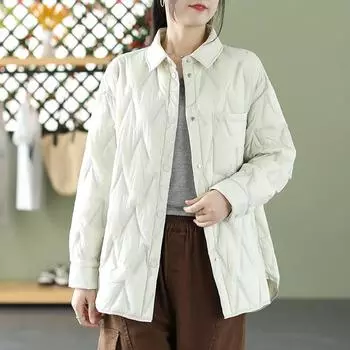 2024 осень и зима новый легкий и тонкий пуховик женский воротник стойка повседневный универсальный однобортный с тиснением букв пальто M бежевый