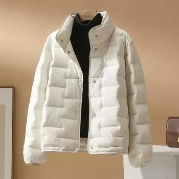 2024 осень и зима новый легкий пуховик женский короткий корейский вариант модная вертикальная свободная белая теплая куртка на утином пуху M чёрный