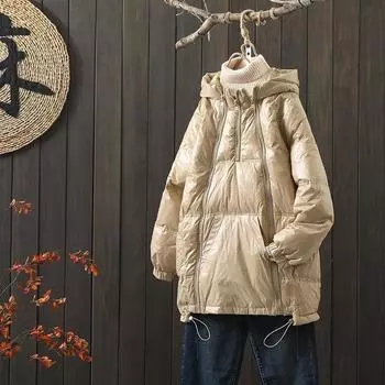 2024 осень и зима новый литературный и художественный веер с капюшоном пуховик средней и длинной длины женский свободный белый свитер на утином пуху куртка S 90-65 kg хаки
