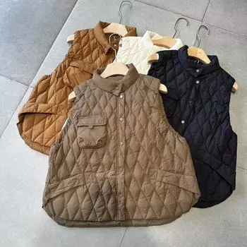 2024 осень и зима новый литературный и легкий короткий ромбовидный сетка 90 белый утиный пух без рукавов жилет жилет женский пальто M чёрный