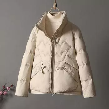 2024 осень и зима новый маленький стоячий воротник пуховик женский короткий модный теплый белый утиный пух простой стиль куртка прилив M красный