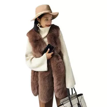 2024 осень и зима новый меховой жилет из лисьего меха средней и длинной длины для женщин корейской версии повседневная теплая искусственная шуба S чёрный