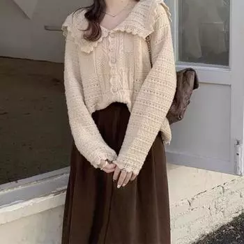 2024 осень и зима новый милый свободный и тонкий свитер куртка женская нежный ветер кукольный воротник мягкий восковой вязаный кардиган женский One Size