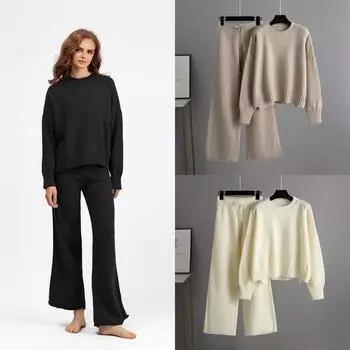 2024 осень и зима новый модный повседневный трикотажный костюм брюки женский вариант свободного джемпера широкие брюки брюки комплект из двух предметов OneSize чёрный