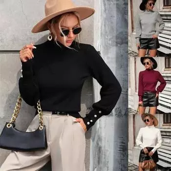 2024 Осень и зима Новый однотонный европейский и американский пуловер женский вязаный свитер с высоким воротом и гвоздями, универсальный свитер S вино красного