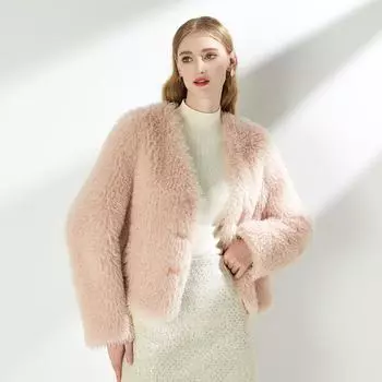 2024 осень и зима новый овечья шерсть v-образный вырез короткий мех интегрированный замедляющий старение овечий меховой пиджак женский S