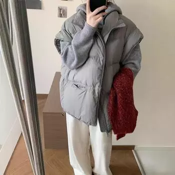 2024 осень и зима новый популярный белый утиный пух женский корейский повседневный пуховый жилет свободный теплый жилет куртка S серый