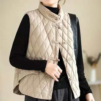 2024 осень и зима новый продукт литературный и ретро этнический стиль пряжка 90 белый утиный пух жилет теплый универсальный жилет женский M (90-60 kg) чёрный