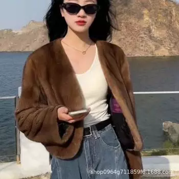 2024 осень и зима новый простой темперамент V-образный вырез норка флис мех короткая пушистая куртка женская мода теплая снаружи S85-100 чёрный