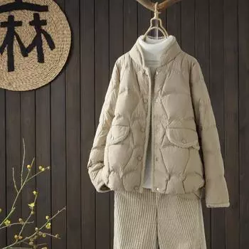 2024 осень и зима новый пуховик из норки сращивание женский литературный ретро ромб белый утиный пух легкий и тонкий теплый пиджак S хаки