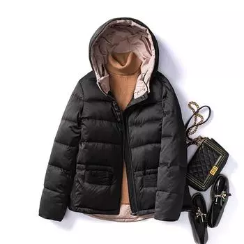 2024 осень и зима новый пуховик с капюшоном женский короткий средний и легкий модный цветной пуховик с капюшоном 90% белый утиный пуховик прилив M чёрный