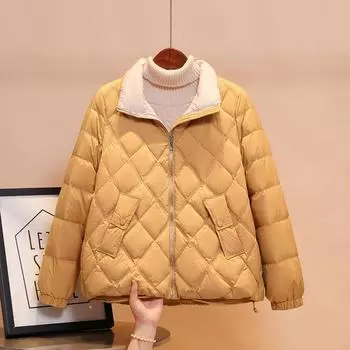 2024 осень и зима новый пуховик женский легкий и тонкий воротник-стойка 90 белый утиный пух модное и тонкое короткое пальто S красный