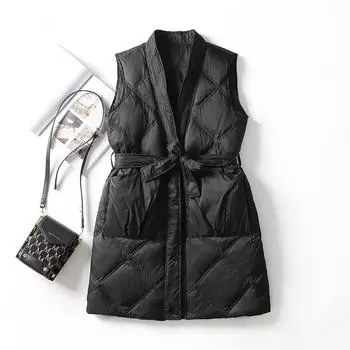 2024 Осень и зима Новый пуховик Жилет женский Средний и длинный Повседневный свободный жилет с V-образным вырезом Белый пуховой жилет Жилет Куртка M хаки