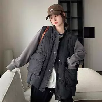 2024 осень и зима новый пуховый жилет женский средний и длинный французский ретро жилет легкий и тонкий внешний жилет жилет куртка S 90-57.5 kg хаки