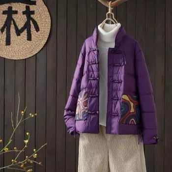 2024 осень и зима новый ретро белый утиный пух легкий пуховик женский этнический стиль воротник-стойка цветная пряжка короткое пальто M розы красного