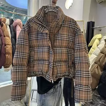 2024 осень и зима новый ретро клетчатый воротник-стойка утолщенный пуховик женский свободный иностранный стиль короткая куртка хлеб прилив One size