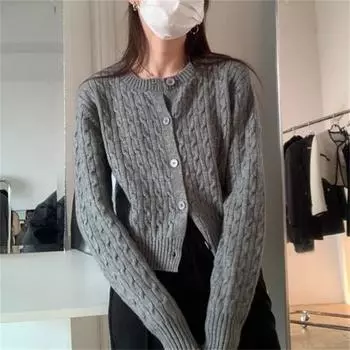 2024 осень и зима новый ретро узор твист с круглым вырезом и длинными рукавами свитер куртка женский свободный повседневный трикотажный кардиган топ one size fits all