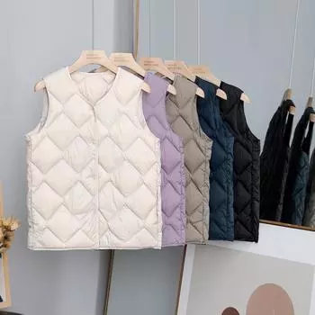 2024 осень и зима новый ромбовидный сетчатый женский короткий пуховый жилет модный легкий жилет с V-образным вырезом куртка L чёрный