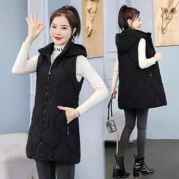 2024 осень и зима новый съемный жилет для шапки женский корейский вариант облегающий крой средний и длинный жилет женское безрукавное пальто с хлопковой подкладкой прилив XL чёрный