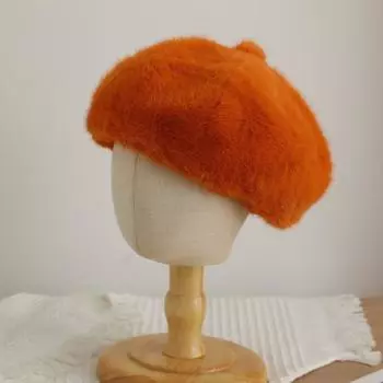 2024 осень и зима новый сладкий и молочный шерстяной берет искусственный мех кролика мягкая трехмерная шляпа художника для девочек осень M56-58cm белый