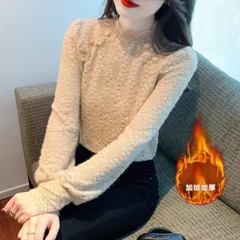 2024 осень и зима новый сладкий иностранный стиль тяжелая промышленная кружевная вышитая кружевная маленькая стойка воротник бархатная нижняя рубашка женская прилив S