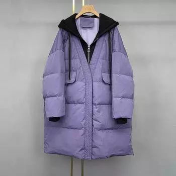 2024 осень и зима новый средний и длинный пуховик женская одежда корейская версия сращивание свитер шапка поддельные две части свободное пальто прилив One size красный