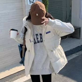 2024 осень и зима новый средний и длинный пуховый хлопковый жилет женский жилет с талией свободный жилет с капюшоном жилет 3XL чёрный