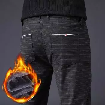 2024 Осень и зима Новый стиль клетчатые и плюшевые толстые повседневные брюки облегающие брюки, износостойкие брюки из хлопка и льна для мужчин 28 чёрный