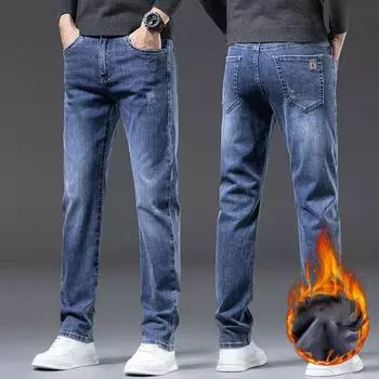 2024 Осень и зима Новый стиль с плюшем и утолщенным денимом Прямые облегающие брюки свободного покроя Высококачественные свободные повседневные длинные брюки для мужчин 28