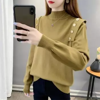 2024 осень и зима, новый свитер на пуговицах, топы, женский пуловер, полуводолазка, свитер, утепленная рубашка, женская рубашка One size