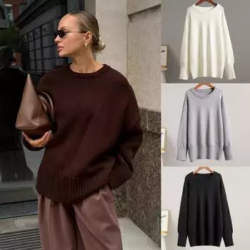 2024 осень и зима новый свитер с круглым вырезом однотонный универсальный повседневный ленивый пуловер вязаный S белый