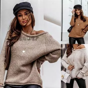 2024 Осень и зима Новый свитер с открытыми плечами и круглым вырезом, вязаный однотонный темпераментный свободный свитер большого размера для женщин S абрикосовый